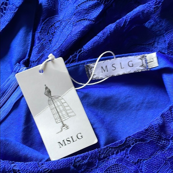 MSLG Sheath Blue Dress Lace Overlay Short Sleeves Croquette Scalloped Hem NWT Lg - Picture 9 of 11